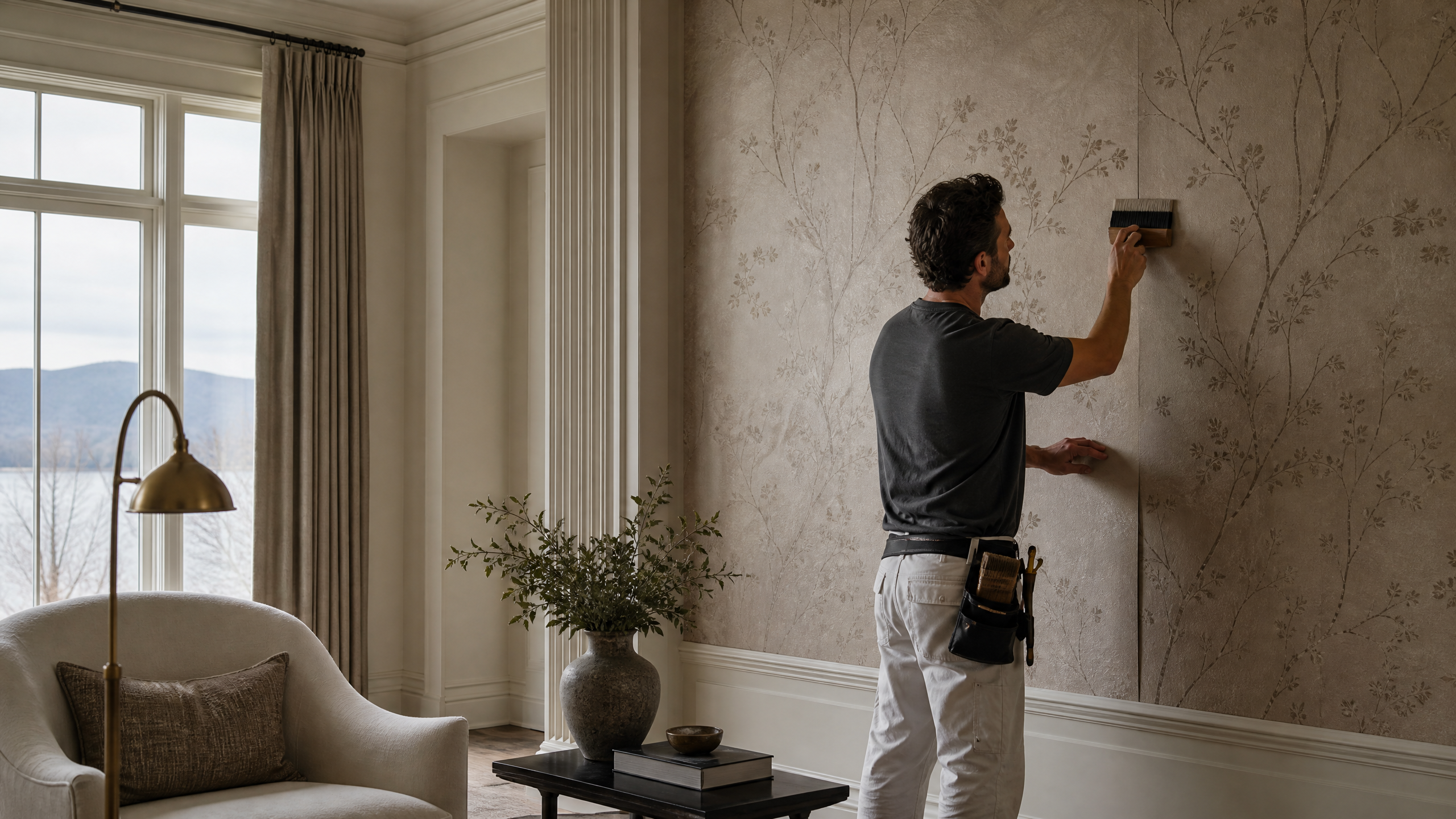 Professional installing refined wallpaper in a luxury living room