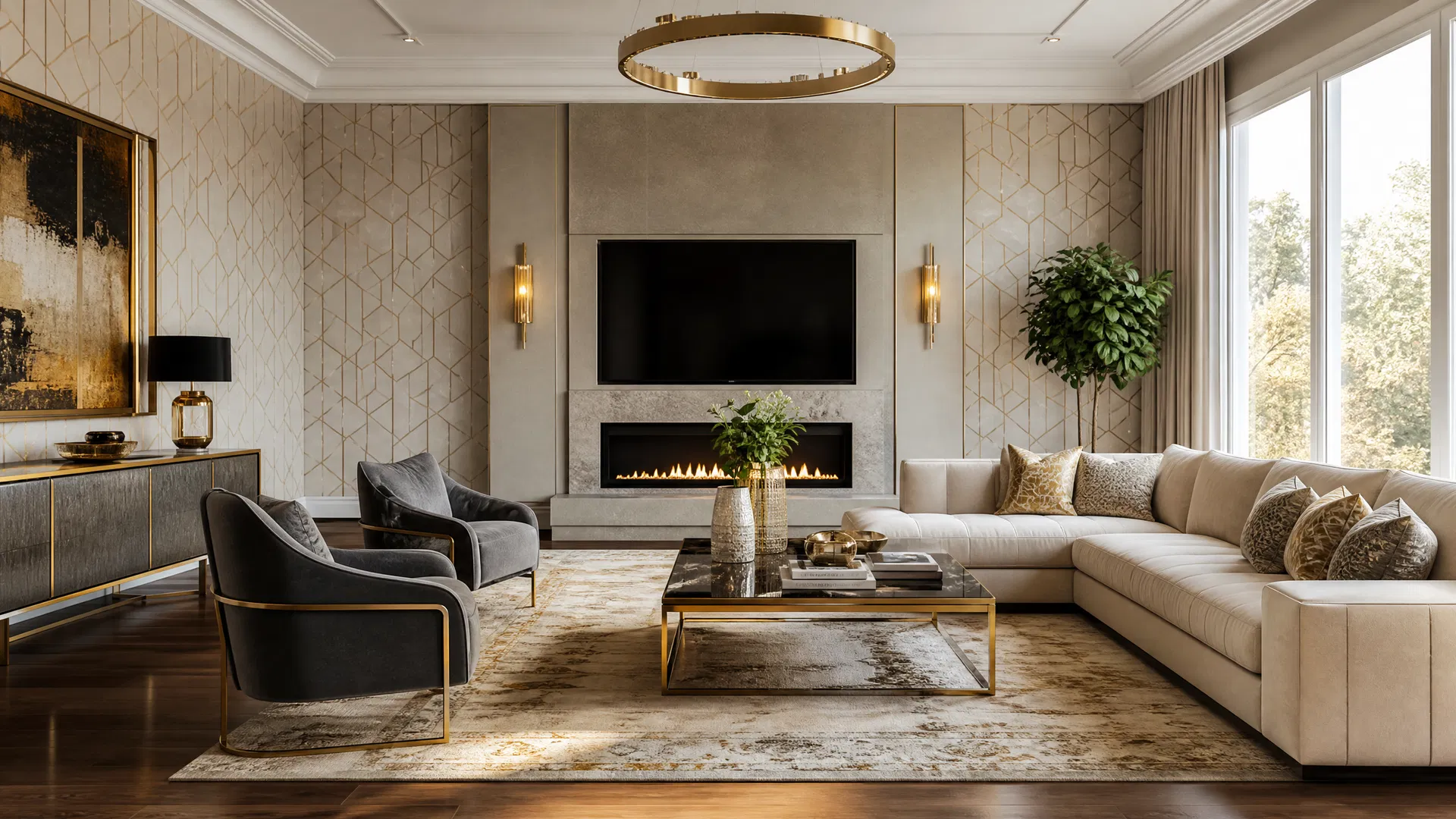 Elegant living room with a professionally finished patterned wall